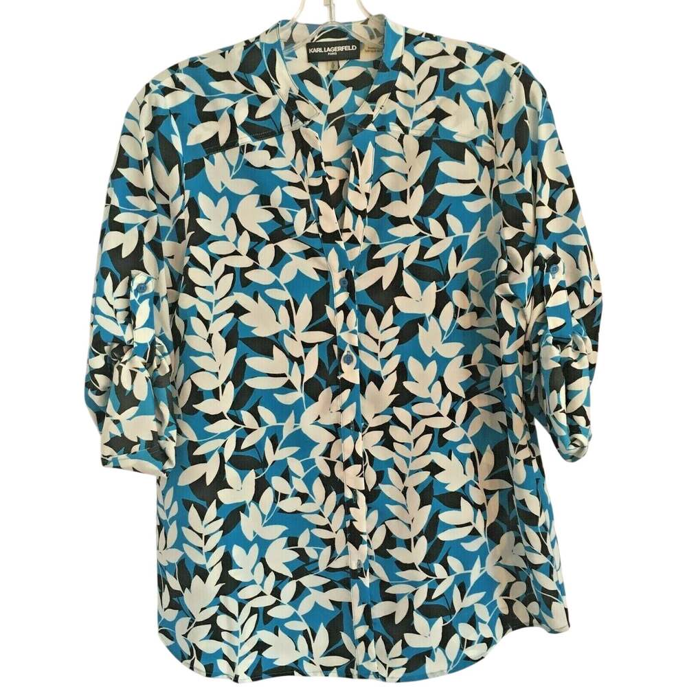 Karl Lagerfeld Paris long sleeve blouse blue black & white print roll tab size S